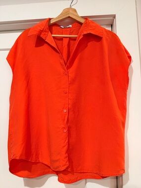 Mango Bright Orange Short-Sleeve Button-Down Shirt